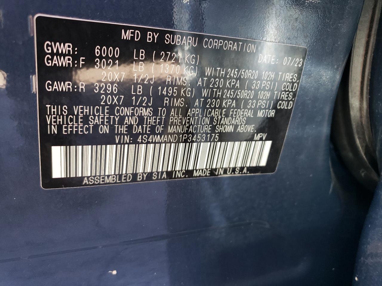 2023 SUBARU ASCENT LIMITED VIN:4S4WMAND1P3453175