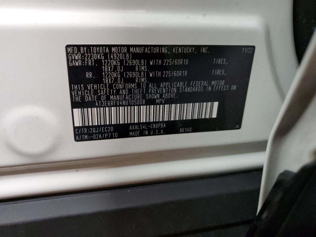 2022 TOYOTA RAV4 XSE VIN:4T3E6RFV4NU105008