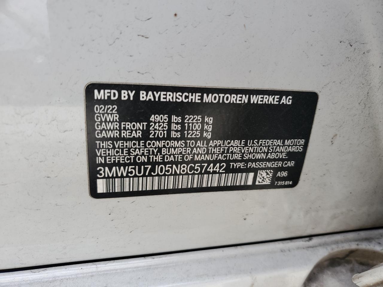 2022 BMW M340I VIN:3MW5U7J05N8C57442