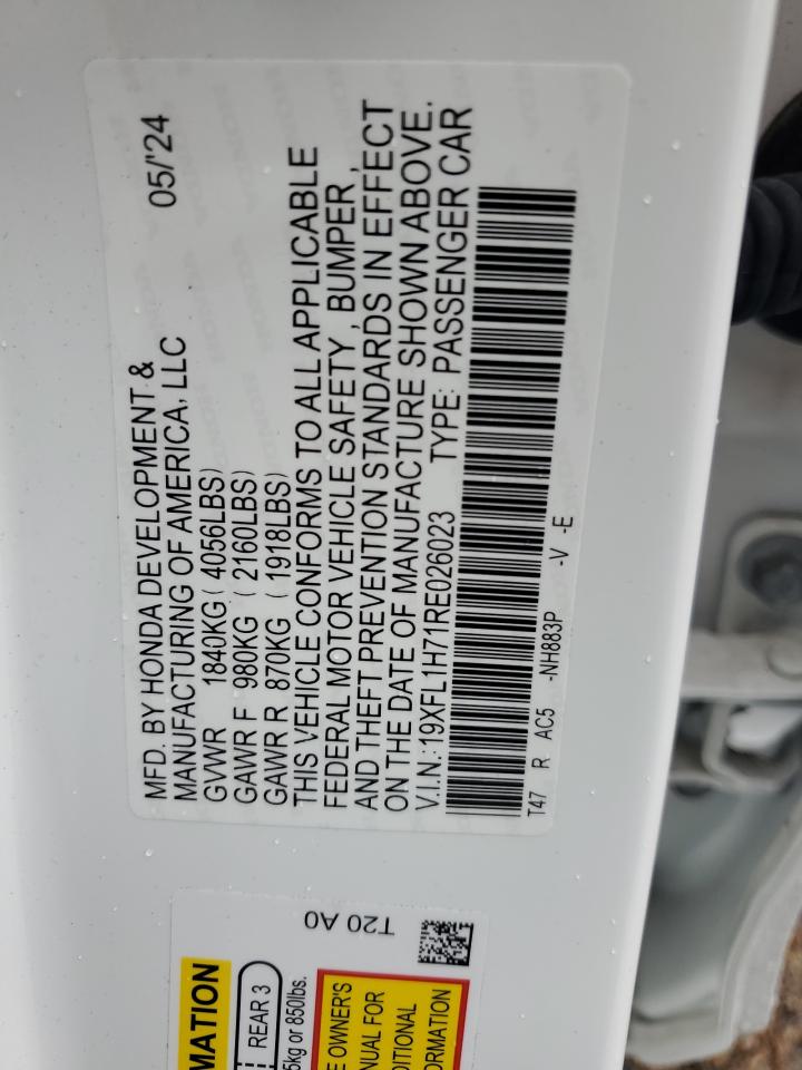 2024 HONDA CIVIC EXL VIN:19XFL1H71RE026023