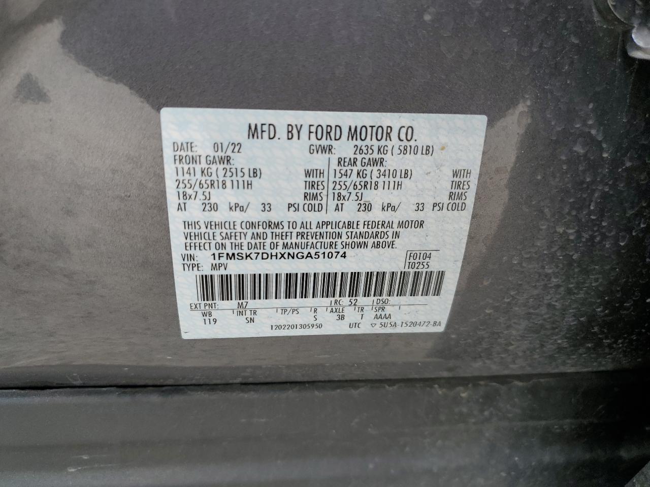 2022 FORD EXPLORER XLT VIN:1FMSK7DHXNGA51074