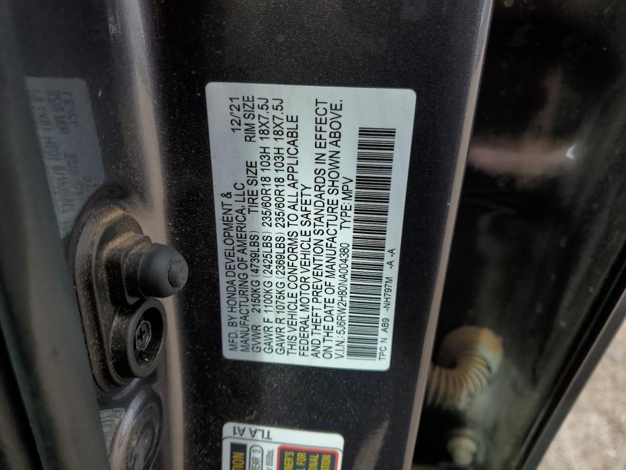 2022 HONDA CR-V EXL VIN:5J6RW2H80NA004380