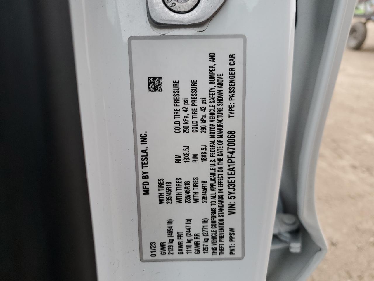 2023 TESLA MODEL 3 VIN:5YJ3E1EA1PF470068