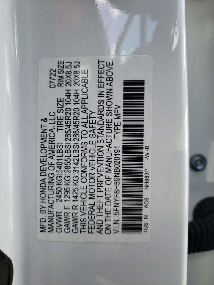 2022 HONDA PASSPORT EXL VIN:5FNYF8H59NB020191