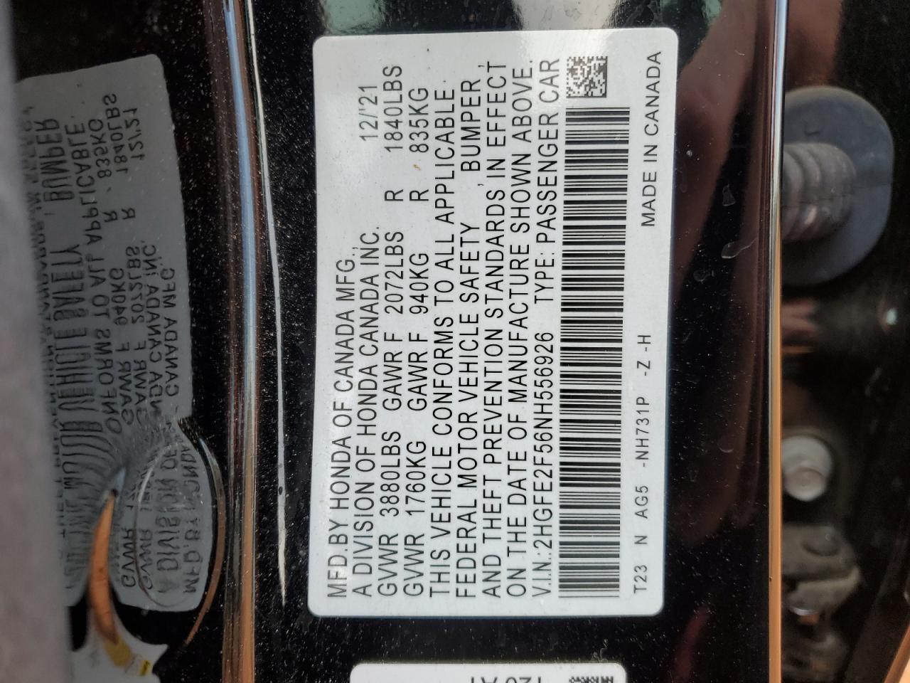 2022 HONDA CIVIC SPORT VIN:2HGFE2F56NH556926