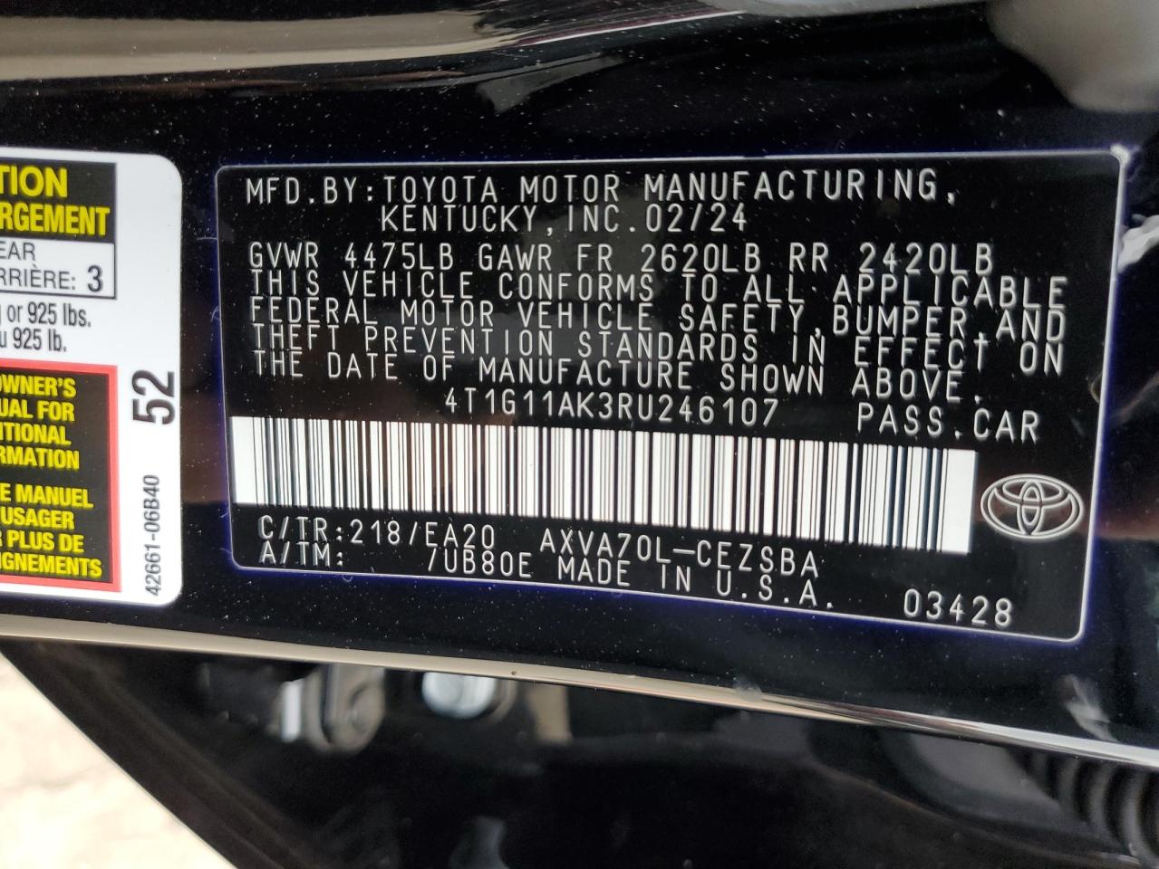 2024 TOYOTA CAMRY SE NIGHT SHADE VIN:4T1G11AK3RU246107