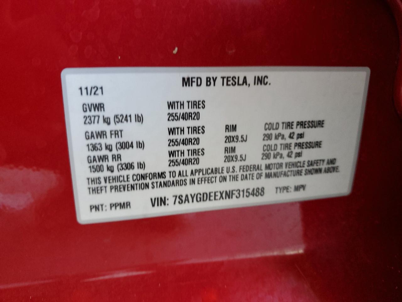2022 TESLA MODEL Y VIN:7SAYGDEEXNF315488