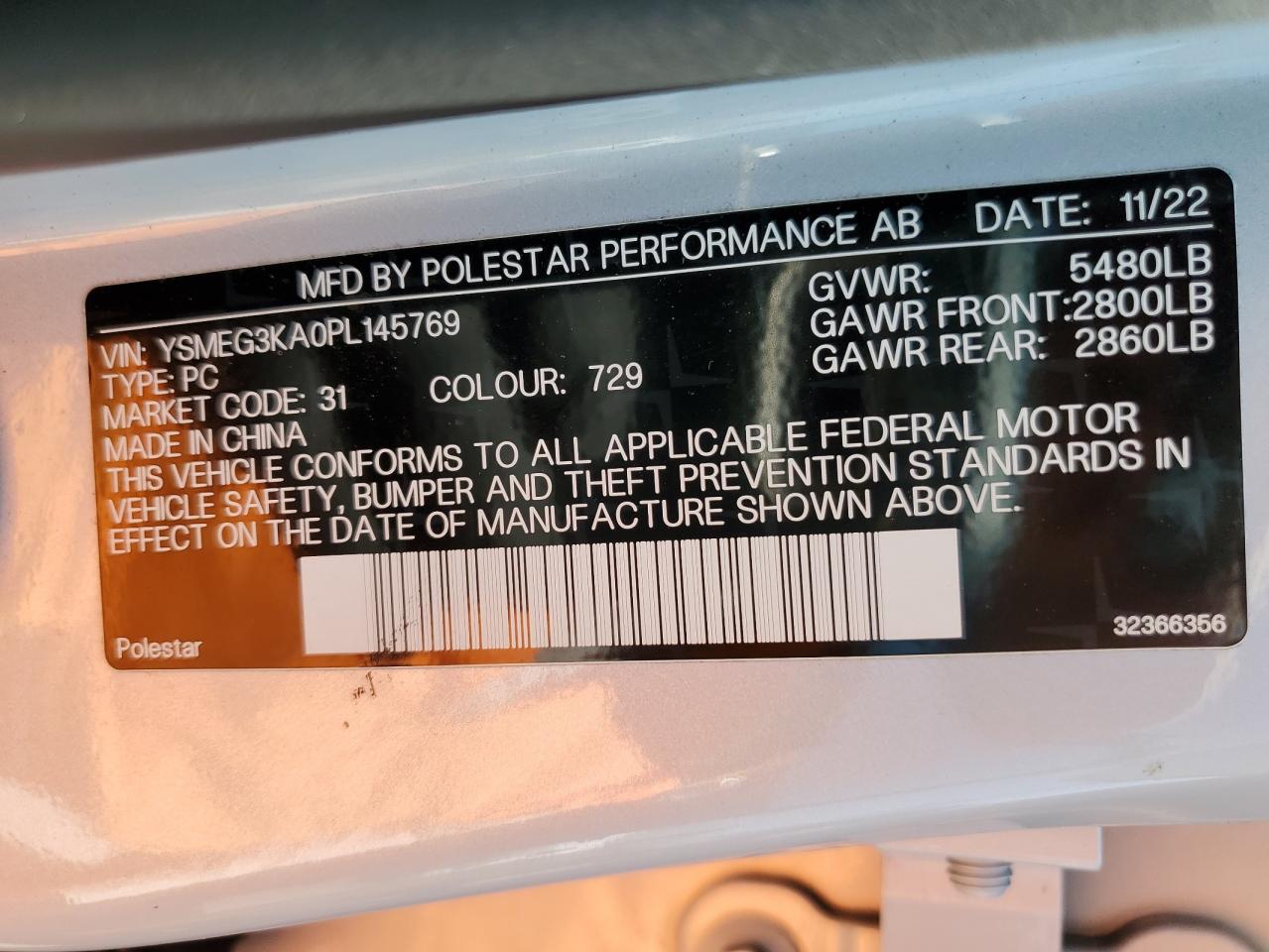 2023 POLESTAR 2 VIN:YSMEG3KA0PL145769
