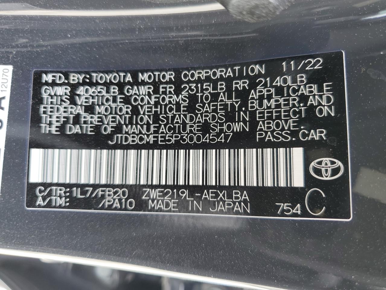 2023 TOYOTA COROLLA LE VIN:JTDBCMFE5P3004547