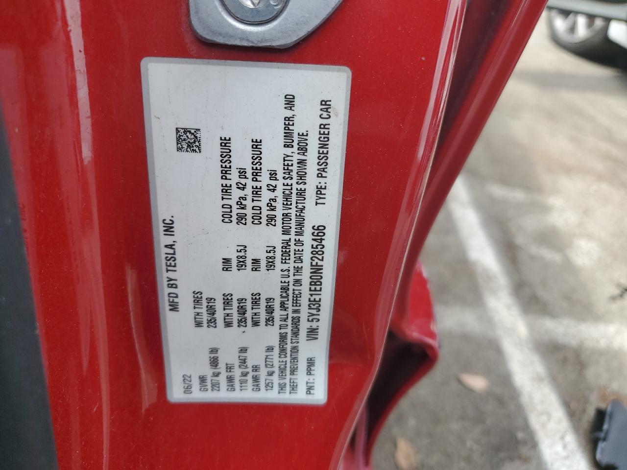 2022 TESLA MODEL 3 VIN:5YJ3E1EB0NF285466