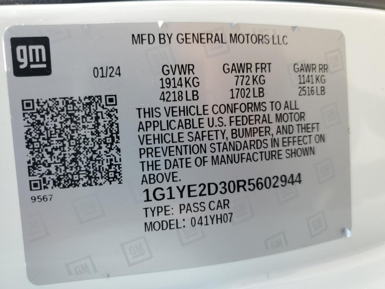 2024 CHEVROLET CORVETTE Z06 2LZ VIN:1G1YE2D30R5602944