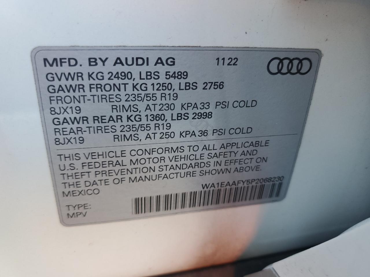 2023 AUDI Q5 PREMIUM PLUS 45 VIN:WA1EAAFY5P2068230
