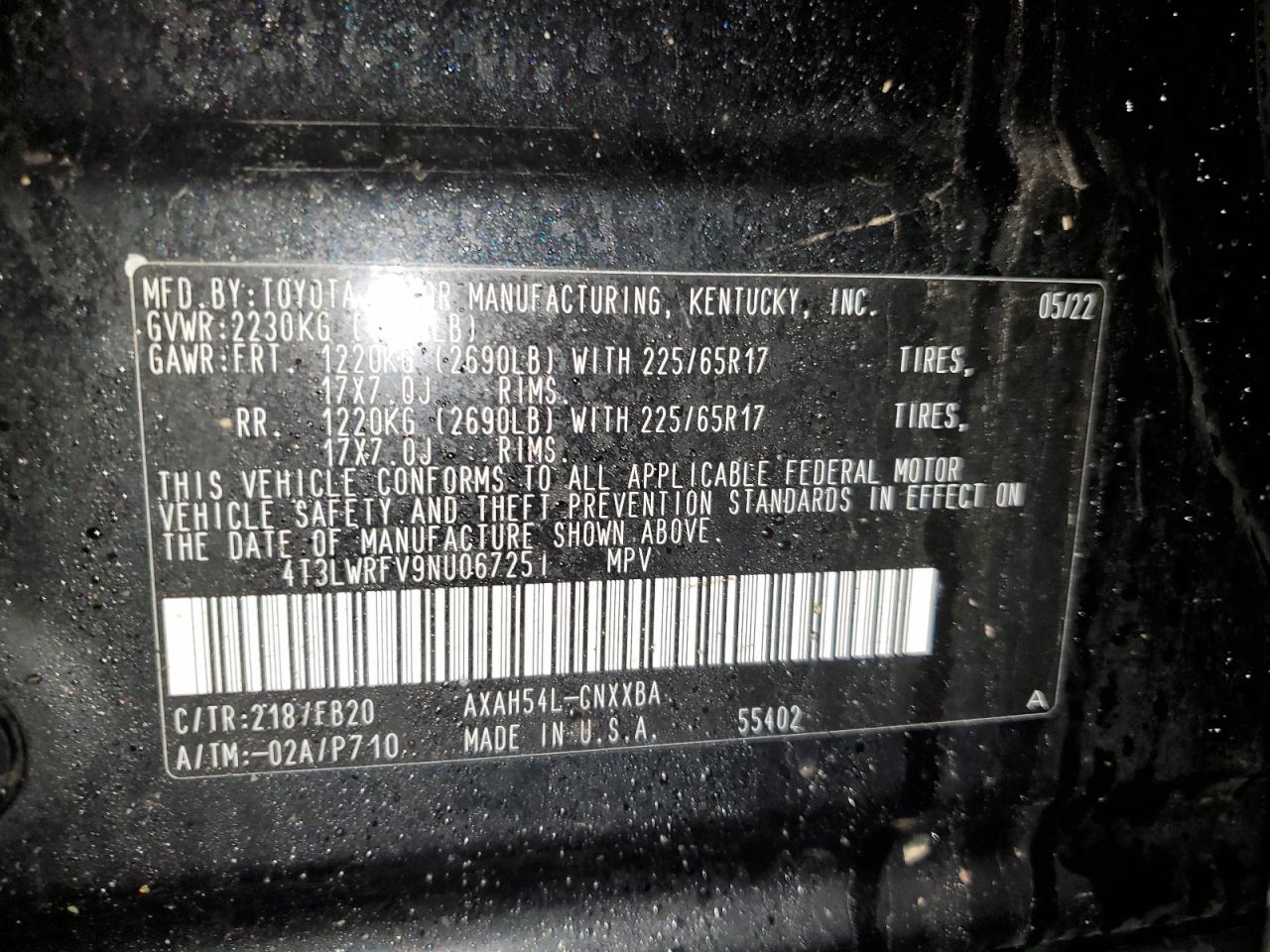 2022 TOYOTA RAV4 LE VIN:4T3LWRFV9NU067251