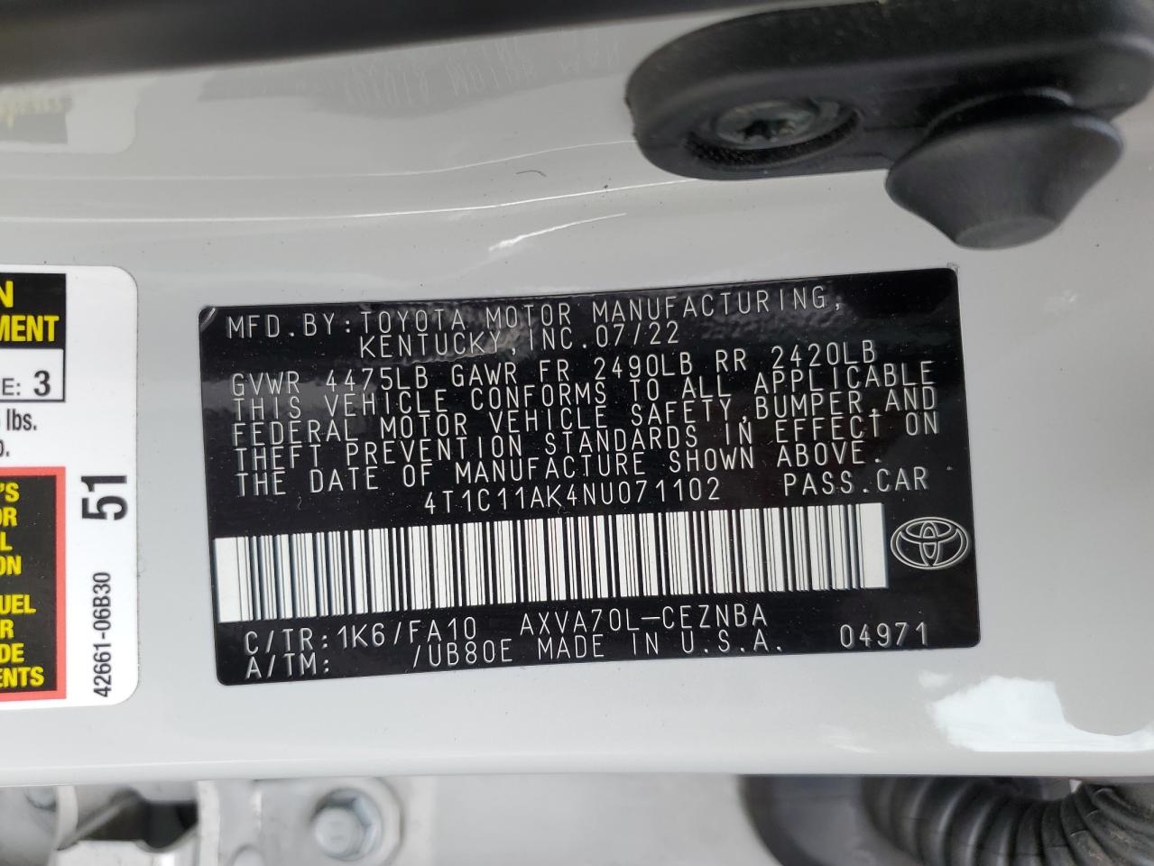 2022 TOYOTA CAMRY LE VIN:4T1C11AK4NU071102