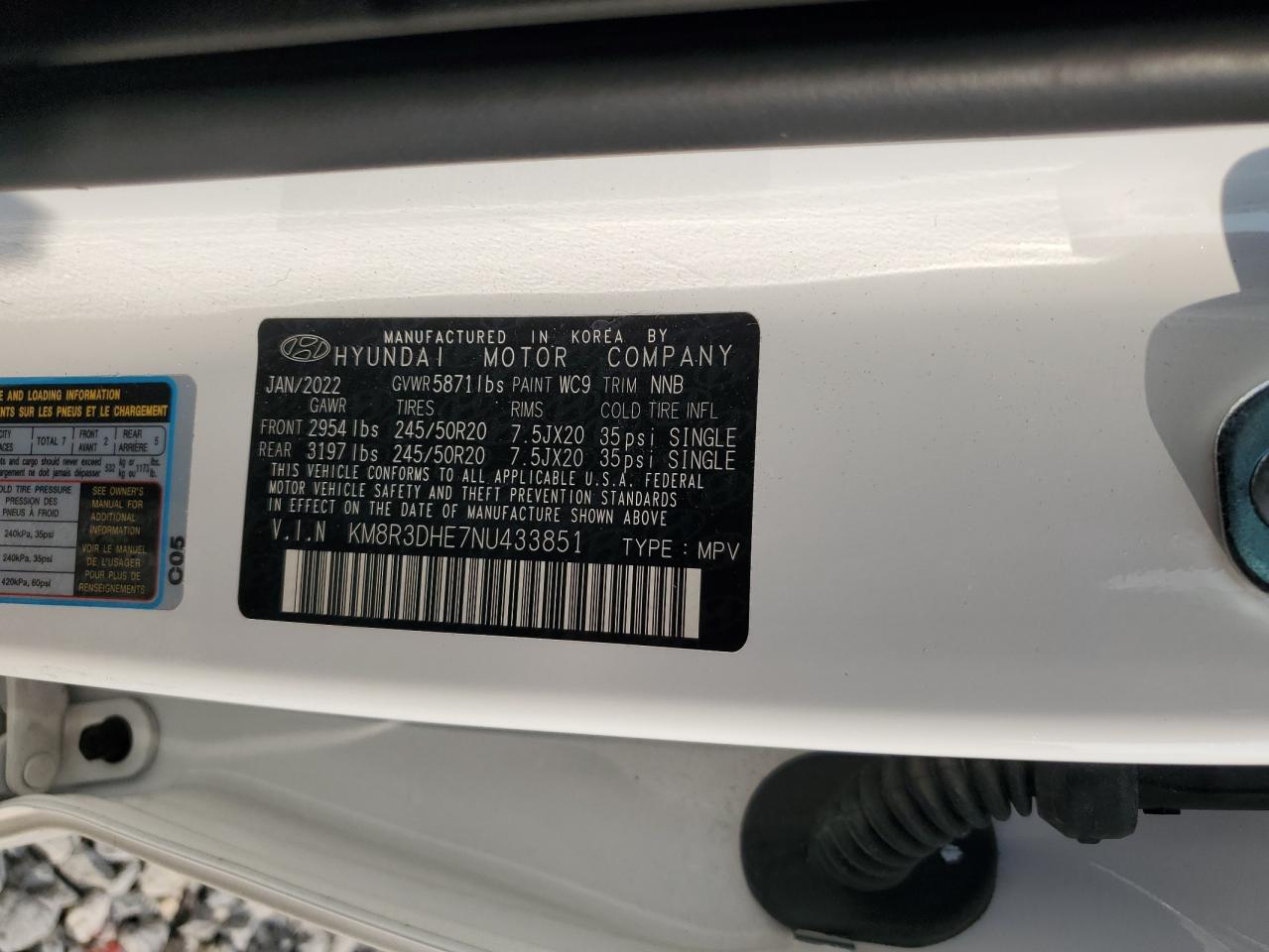 2022 HYUNDAI PALISADE SEL VIN:KM8R3DHE7NU433851