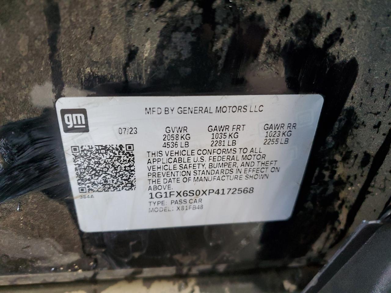 2023 CHEVROLET BOLT EV 2LT VIN:1G1FX6S0XP4172568