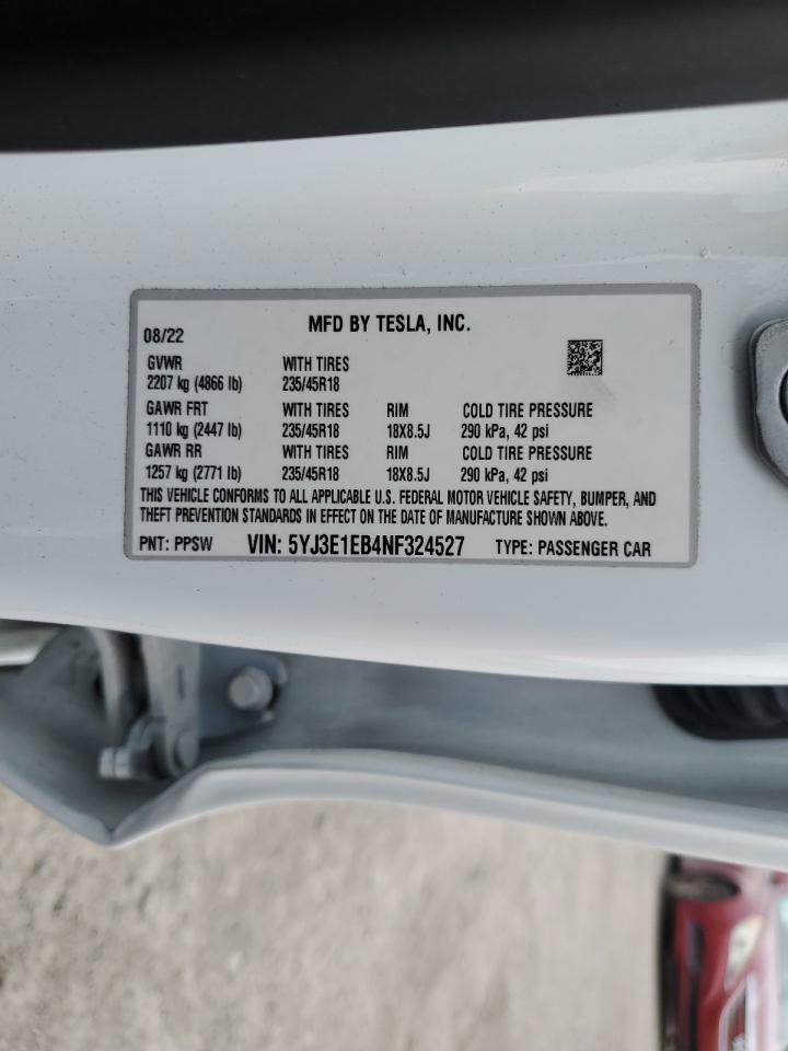 2022 TESLA MODEL 3 VIN:5YJ3E1EB4NF324527