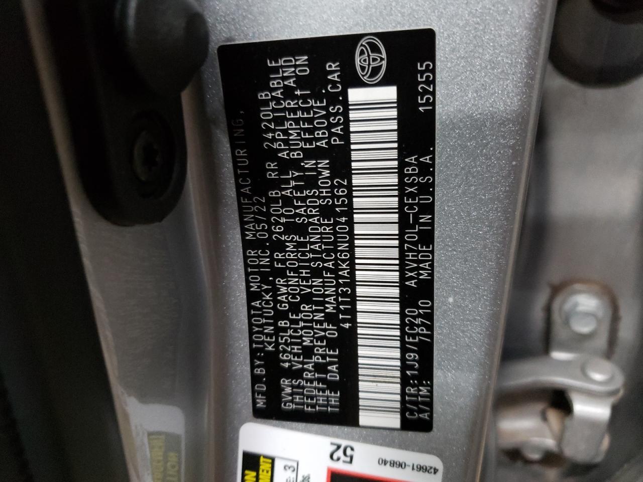 2022 TOYOTA CAMRY NIGHT SHADE VIN:4T1T31AK6NU041562