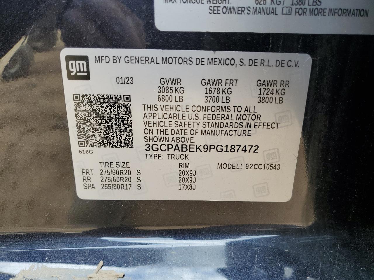 2023 CHEVROLET SILVERADO C1500 CUSTOM VIN:3GCPABEK9PG187472