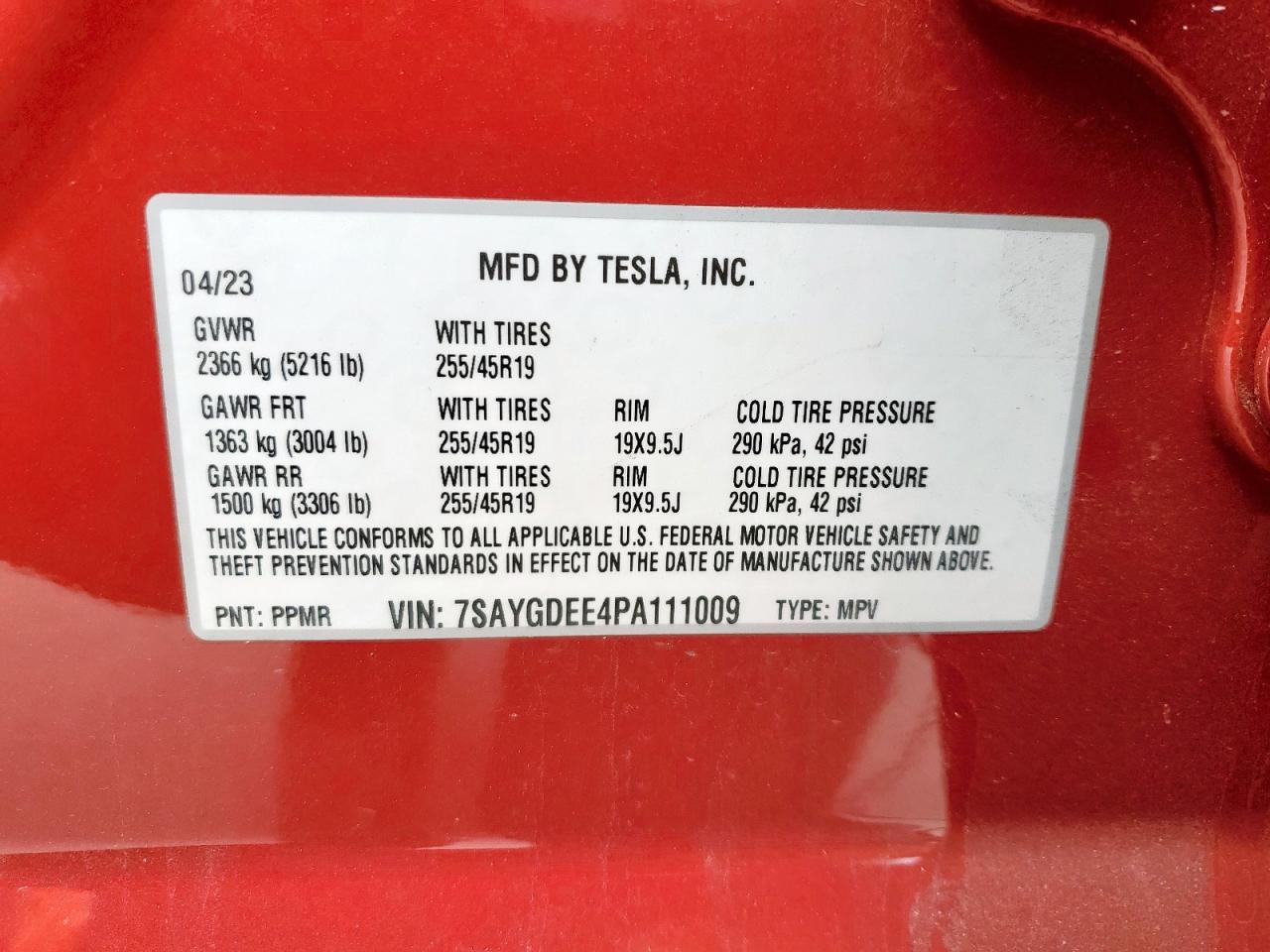 2023 TESLA MODEL Y VIN:7SAYGDEE4PA111009