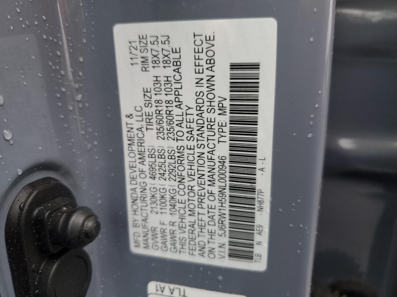 2022 HONDA CR-V EX VIN:5J6RW1H59NL000946