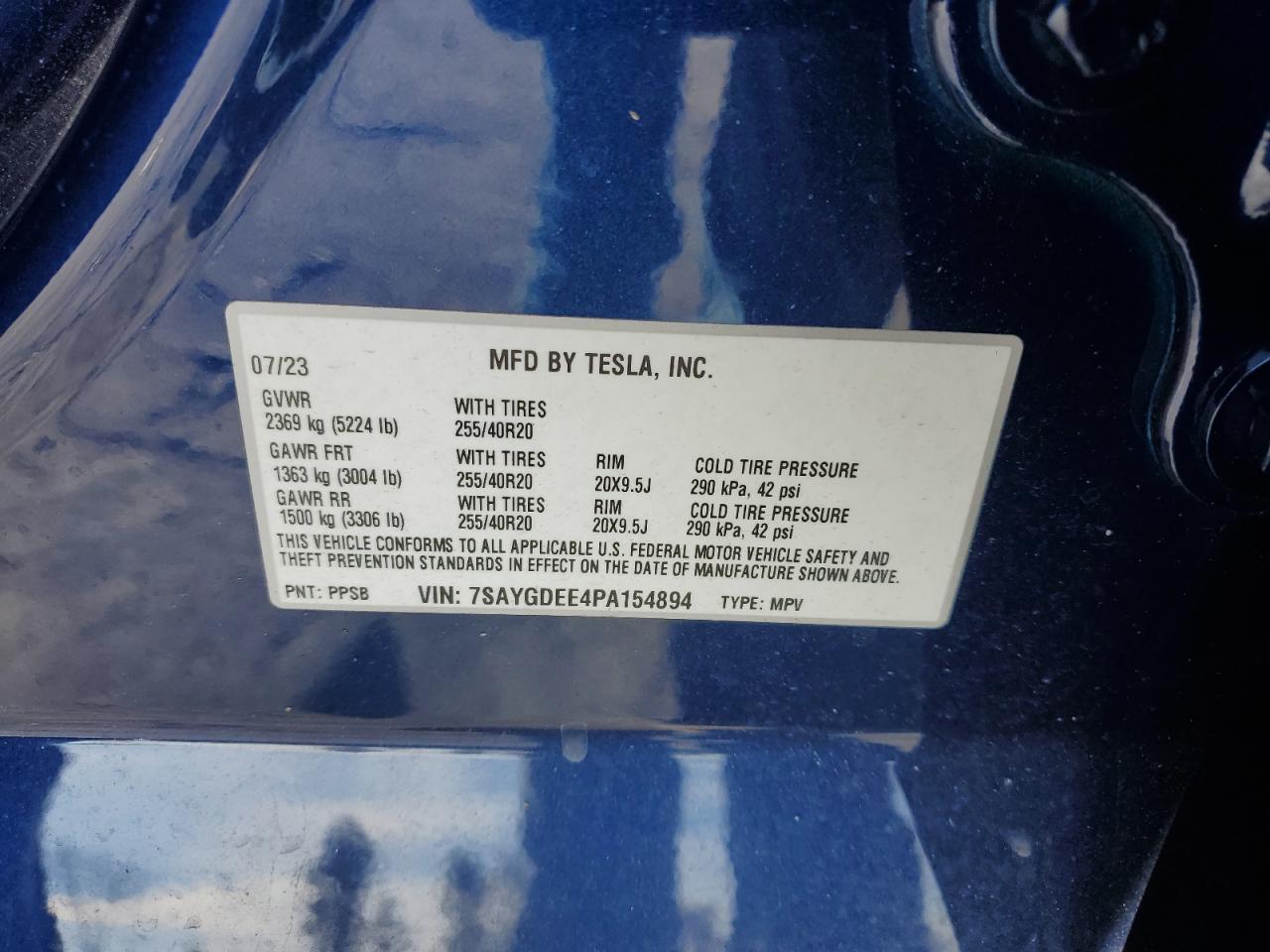 2023 TESLA MODEL Y VIN:7SAYGDEE4PA154894