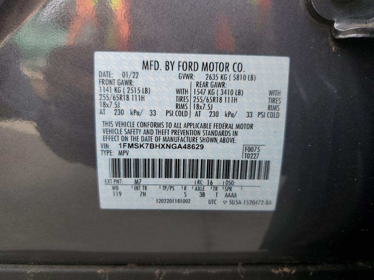 2022 FORD EXPLORER VIN:1FMSK7BHXNGA48629