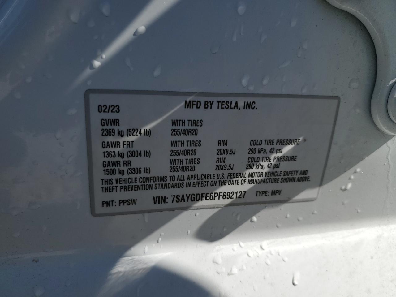 2023 TESLA MODEL Y VIN:7SAYGDEE6PF692127