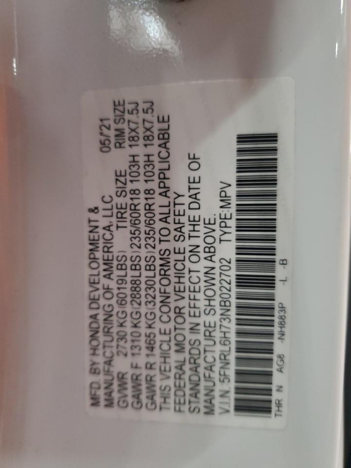 2022 HONDA ODYSSEY EXL VIN:5FNRL6H73NB022702