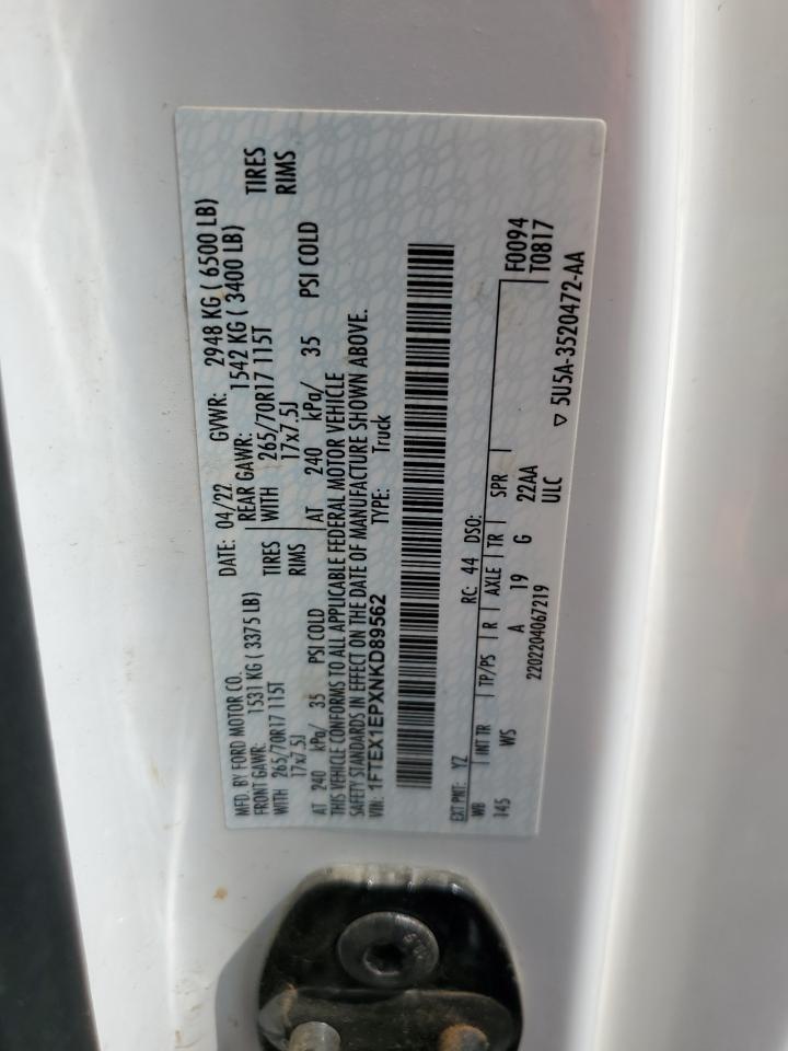 2022 FORD F150 SUPER CAB VIN:1FTEX1EPXNKD89562