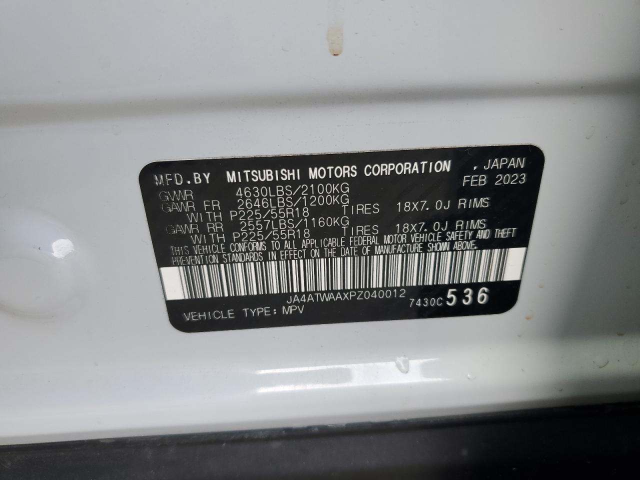 2023 MITSUBISHI ECLIPSE CROSS SE VIN:JA4ATWAAXPZ040012