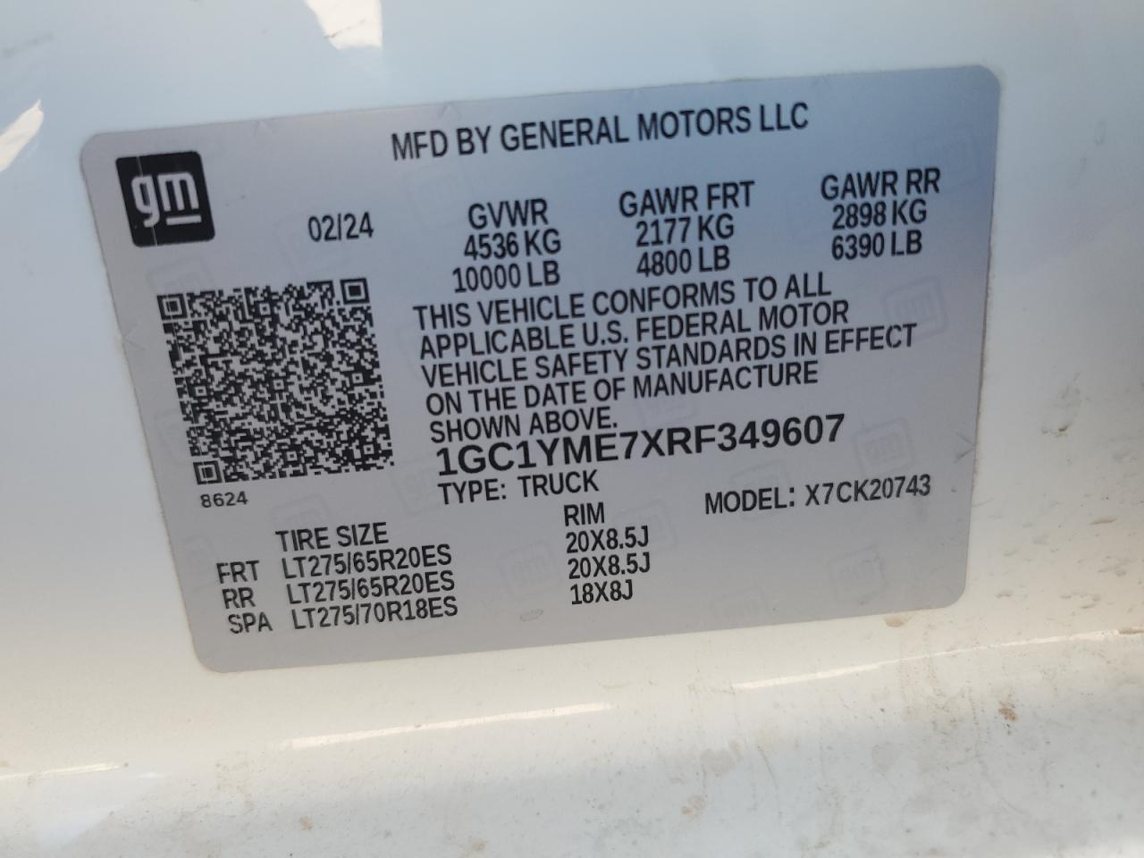 2024 CHEVROLET SILVERADO K2500 CUSTOM VIN:1GC1YME7XRF349607