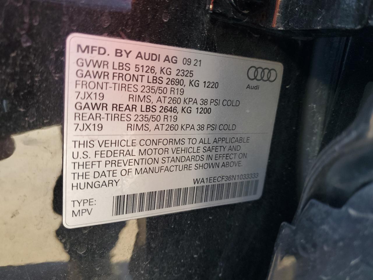 2022 AUDI Q3 PREMIUM PLUS S LINE 45 VIN:WA1EECF36N1033333