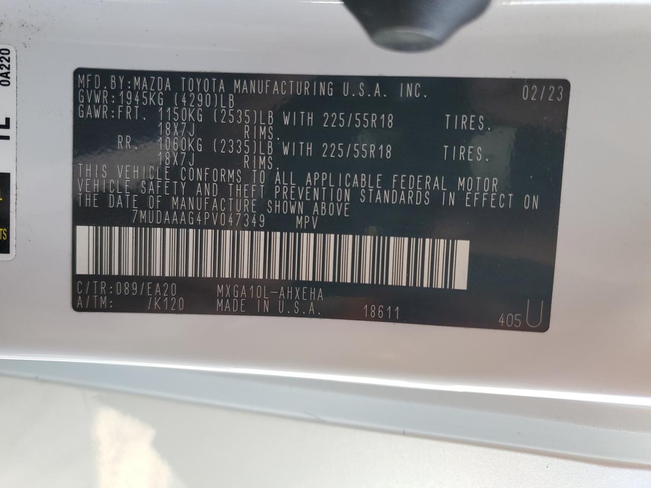 2023 TOYOTA COROLLA CROSS XLE VIN:7MUDAAAG4PV047349