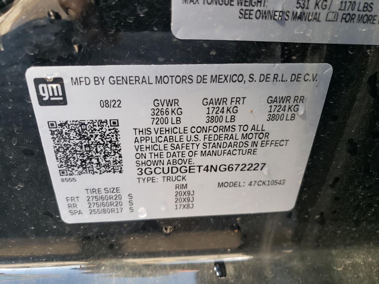 2022 CHEVROLET SILVERADO K1500 LTZ VIN:3GCUDGET4NG672227