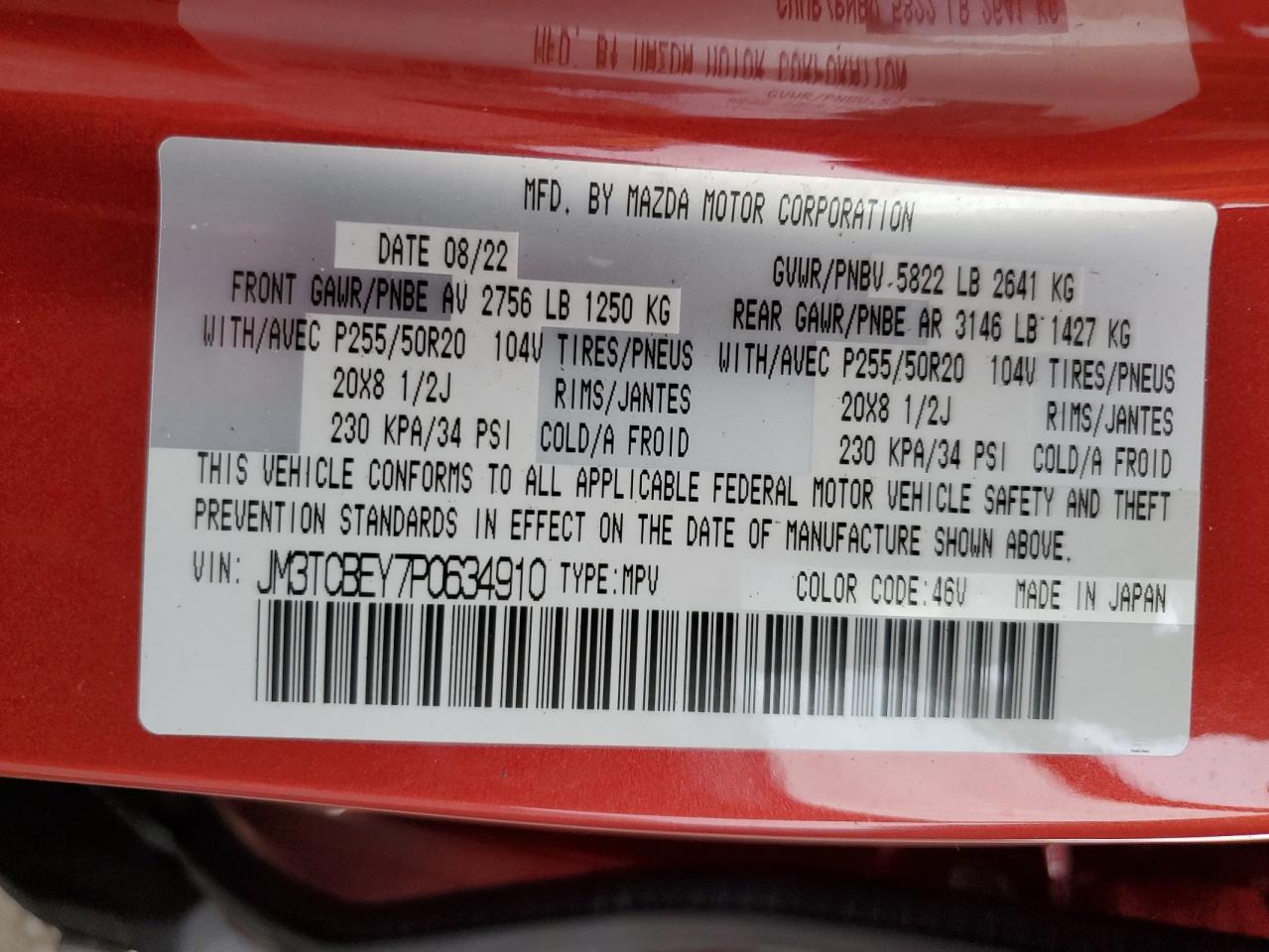 2023 MAZDA CX-9 SIGNATURE VIN:JM3TCBEY7P0634910