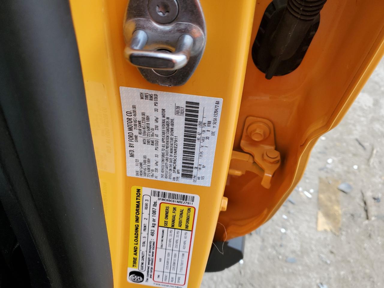 2022 FORD BRONCO SPORT OUTER BANKS VIN:3FMCR9C61NRE27911