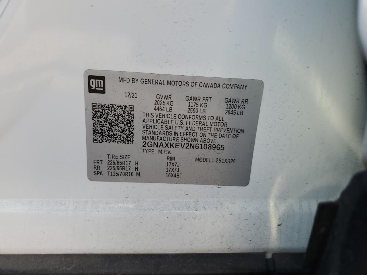 2022 CHEVROLET EQUINOX LT VIN:2GNAXKEV2N6108965