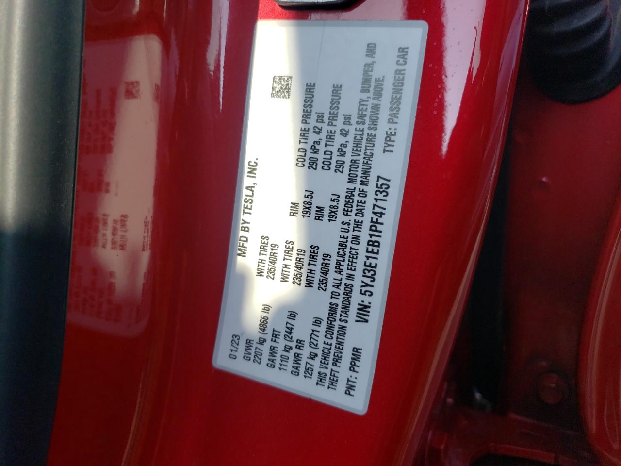 2023 TESLA MODEL 3 VIN:5YJ3E1EB1PF471357