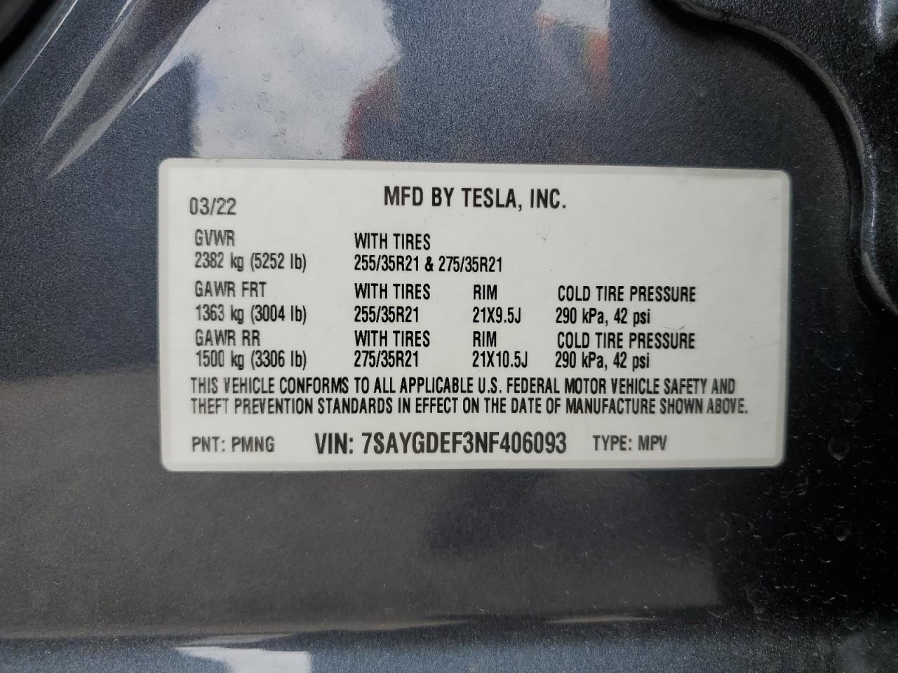 2022 TESLA MODEL Y VIN:7SAYGDEF3NF406093