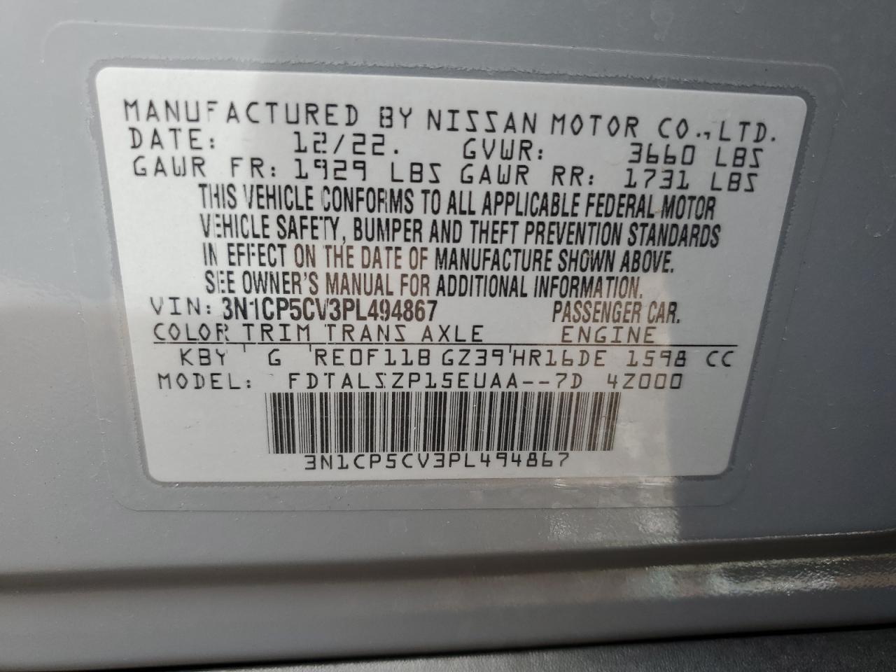 2023 NISSAN KICKS SV VIN:3N1CP5CV3PL494867