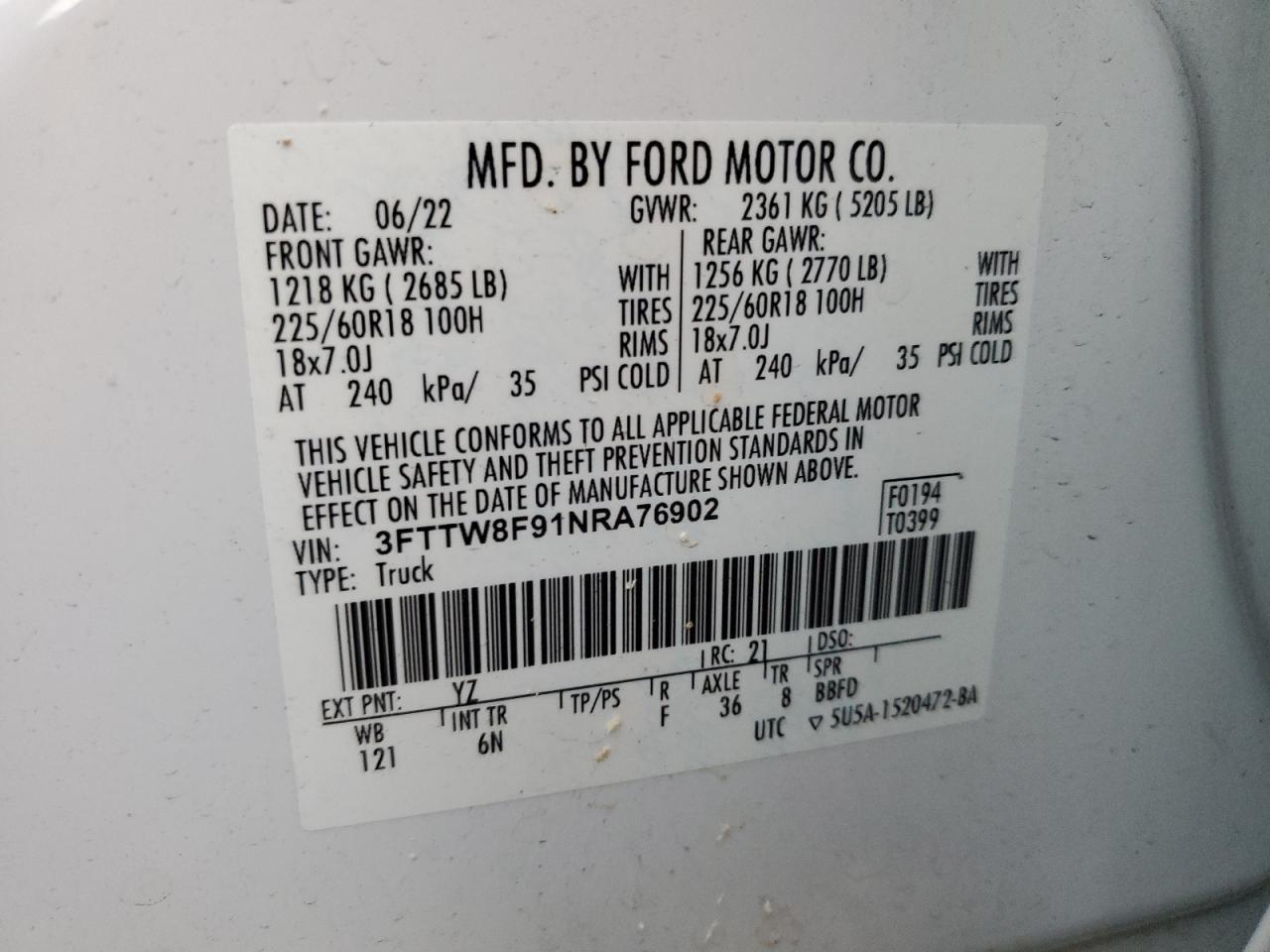 2022 FORD MAVERICK XL VIN:3FTTW8F91NRA76902