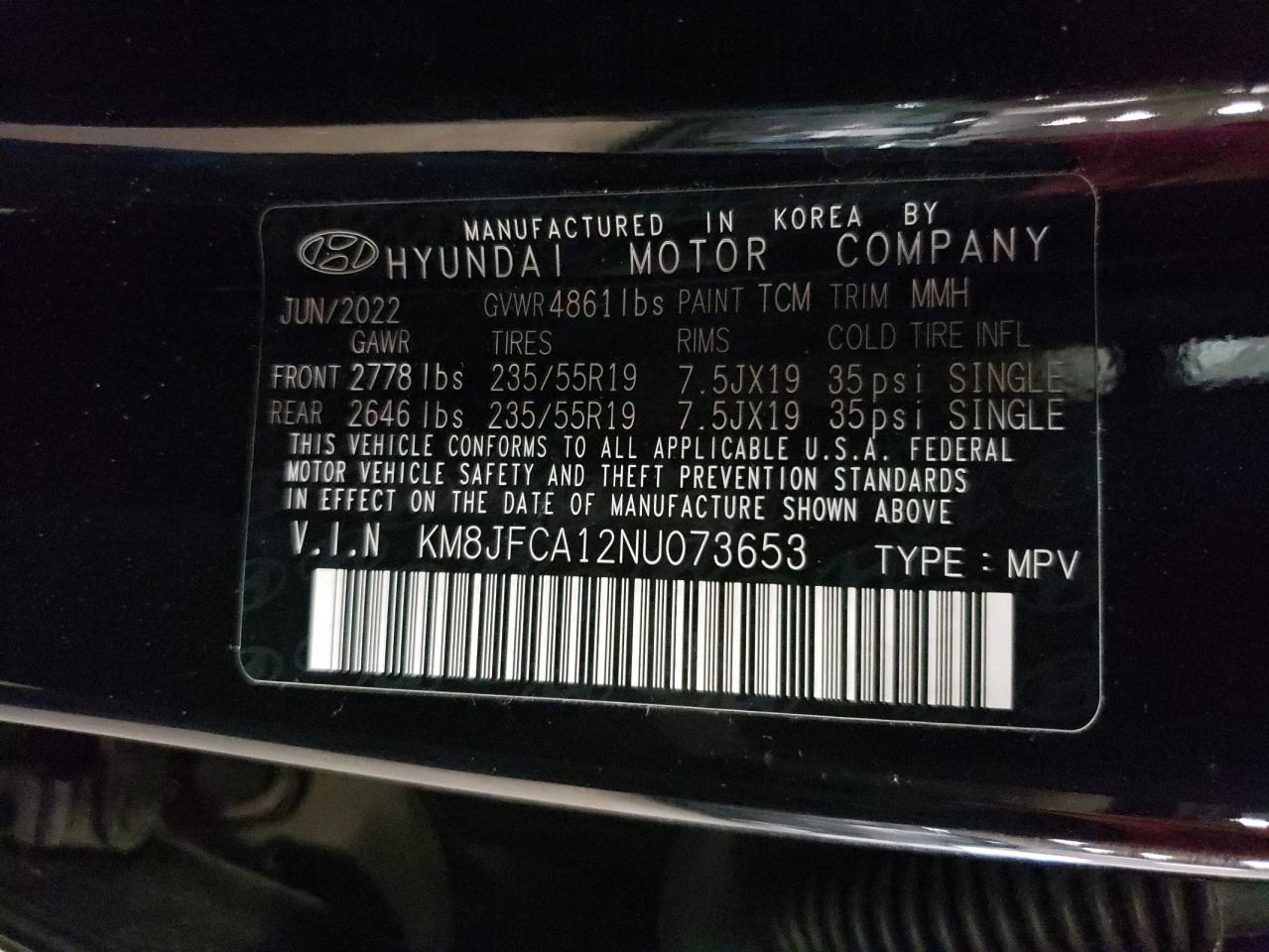 2022 HYUNDAI TUCSON SEL CONVENIENCE VIN:KM8JFCA12NU073653