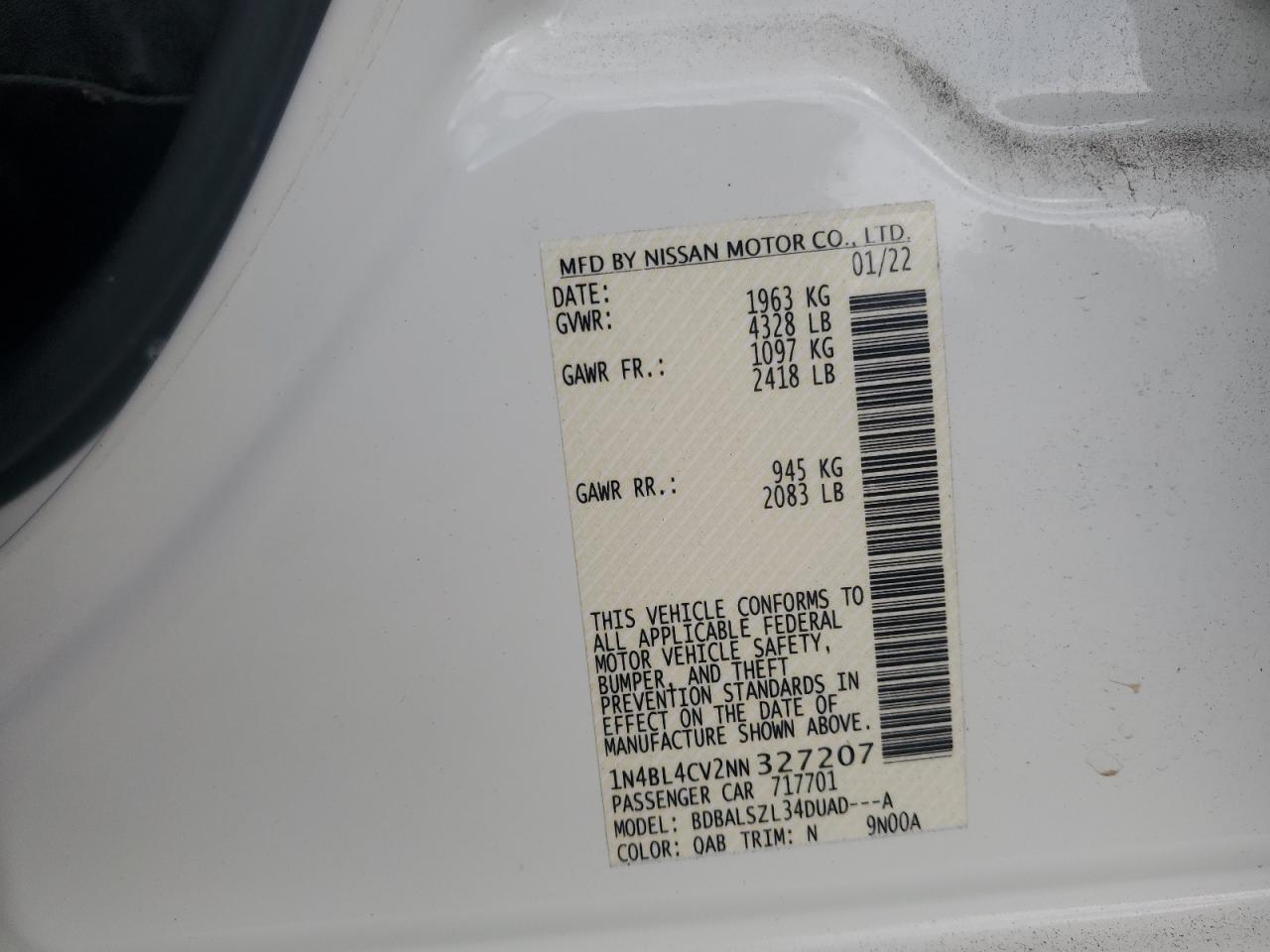 2022 NISSAN ALTIMA SR VIN:1N4BL4CV2NN327207