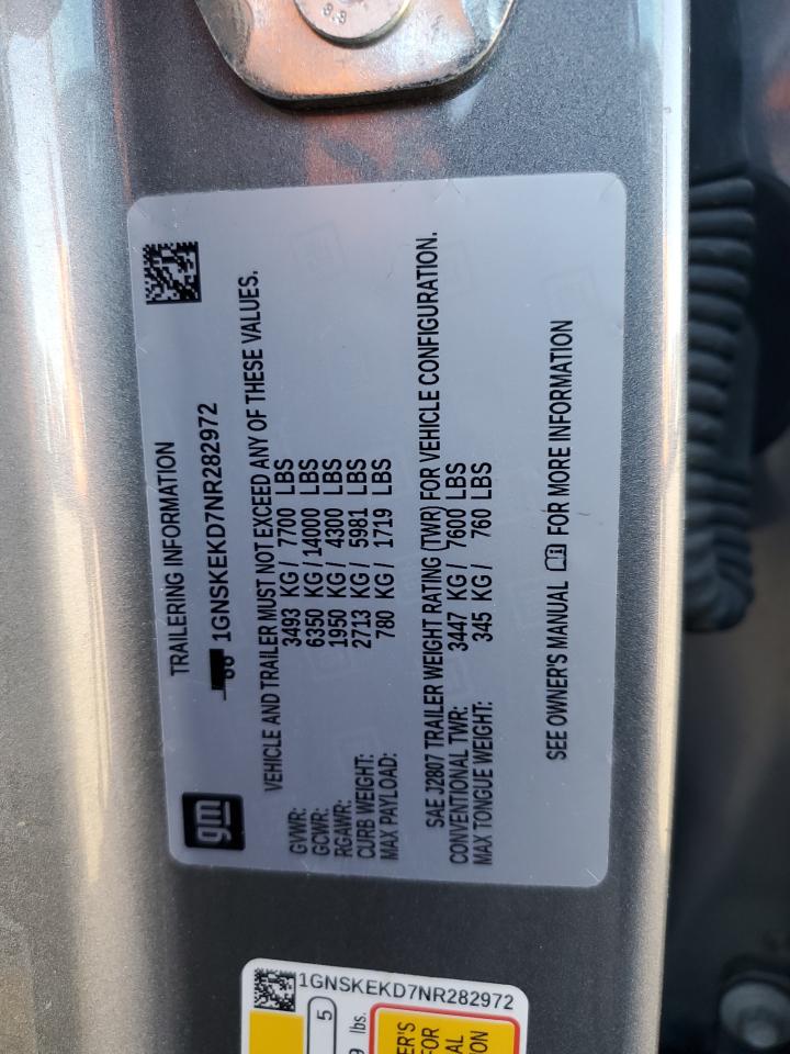 2022 CHEVROLET SUBURBAN K1500 RST VIN:1GNSKEKD7NR282972