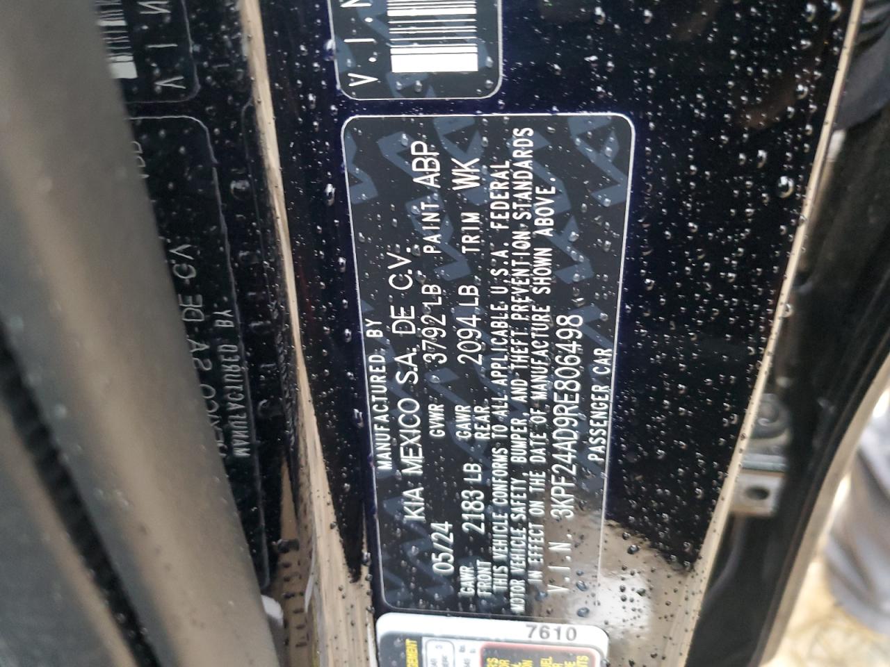 2024 KIA FORTE LX VIN:3KPF24AD9RE806498