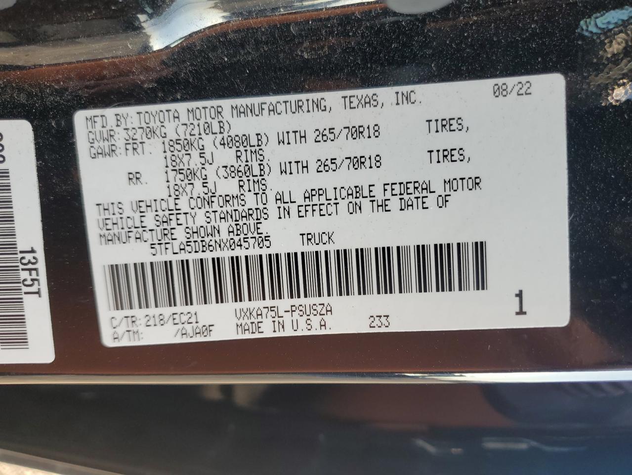 2022 TOYOTA TUNDRA CREWMAX SR VIN:5TFLA5DB6NX045705