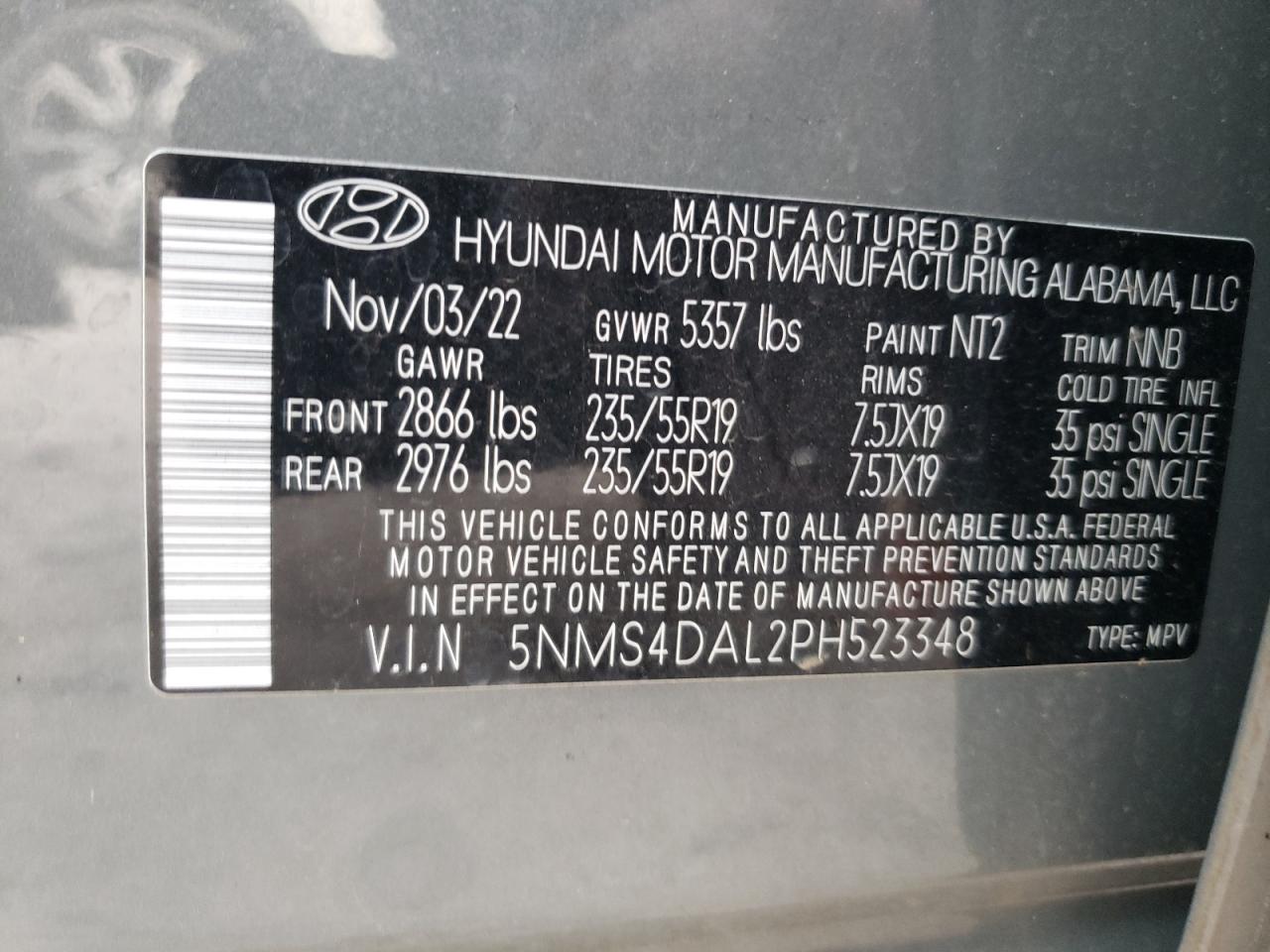 2023 HYUNDAI SANTA FE LIMITED VIN:5NMS4DAL2PH523348