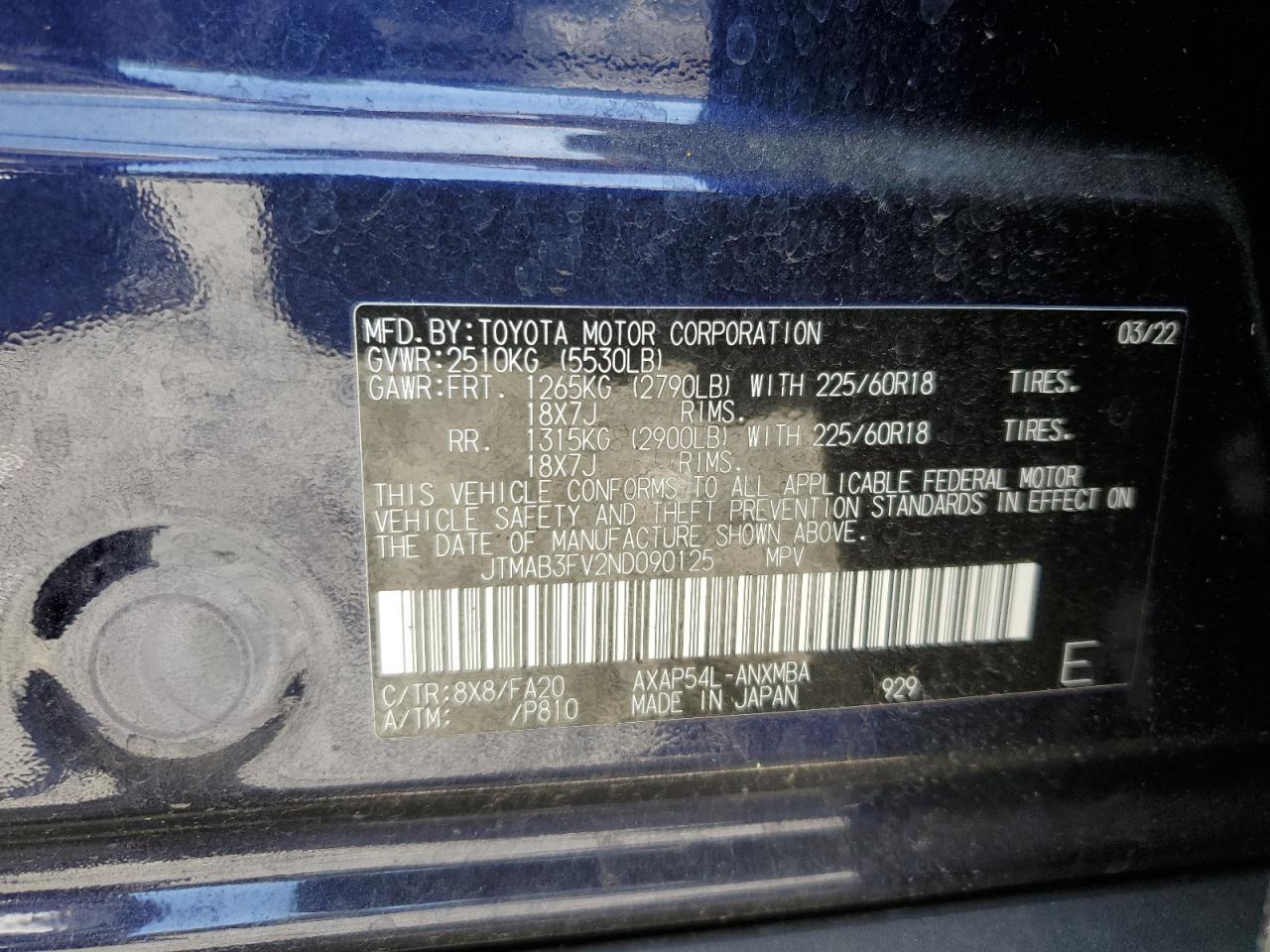 2022 TOYOTA RAV4 PRIME SE VIN:JTMAB3FV2ND090125