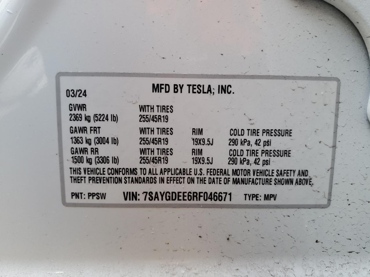 2024 TESLA MODEL Y VIN:7SAYGDEE6RF046671